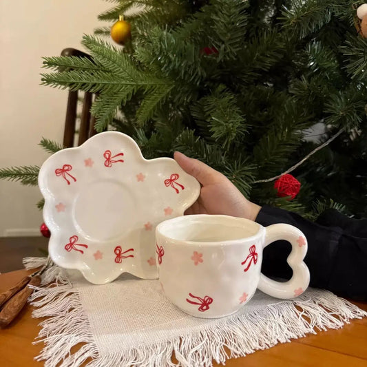 Artisan Ribbon Blossom Mug & Saucer – Aesthetic 3D Bow Ceramic Tea Set