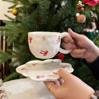 Artisan Ribbon Blossom Mug & Saucer – Aesthetic 3D Bow Ceramic Tea Set