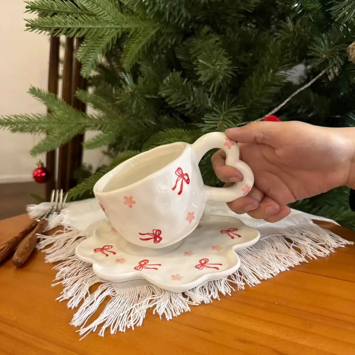 Artisan Ribbon Blossom Mug & Saucer – Aesthetic 3D Bow Ceramic Tea Set