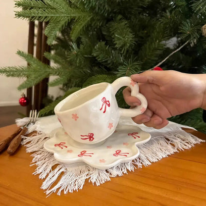 Artisan Ribbon Blossom Mug & Saucer – Aesthetic 3D Bow Ceramic Tea Set