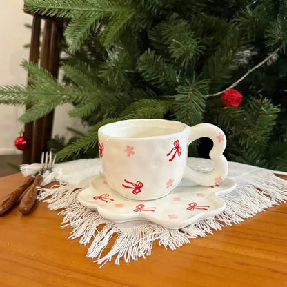 Artisan Ribbon Blossom Mug & Saucer – Aesthetic 3D Bow Ceramic Tea Set