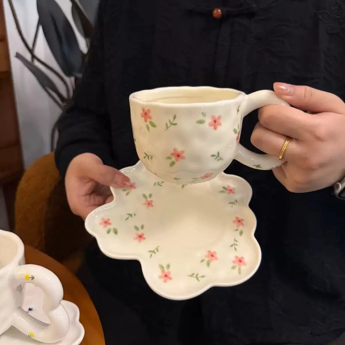 Petal Muse Duo – Artisan Floral Ceramic Cup & Sculpted Blossom Saucer