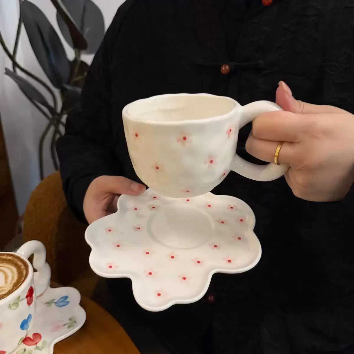 Artisan Petal Dot Cup & Saucer – Minimalist Floral Ceramic Tea Set