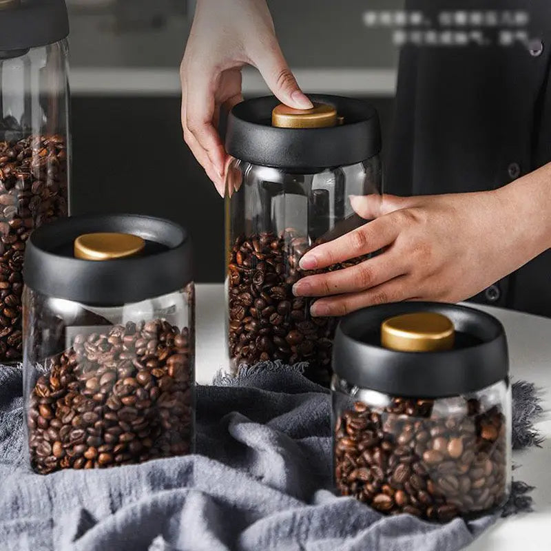 Aesthetic Vacuum Coffee Storage Jar – Airtight Glass Canister for Fresh Beans & Tea
