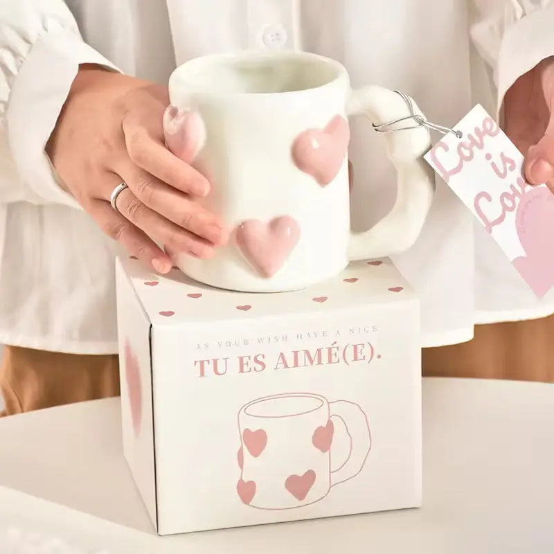 Amour Petit Duo – Artisan Raised-Heart Ceramic Cup & Aesthetic Pink Latte Mug
