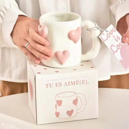 Amour Petit Duo – Artisan Raised-Heart Ceramic Cup & Aesthetic Pink Latte Mug