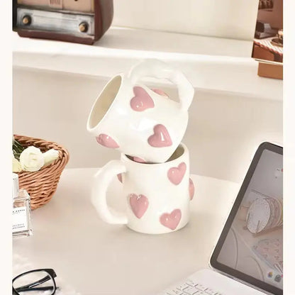 Amour Petit Duo – Artisan Raised-Heart Ceramic Cup & Aesthetic Pink Latte Mug