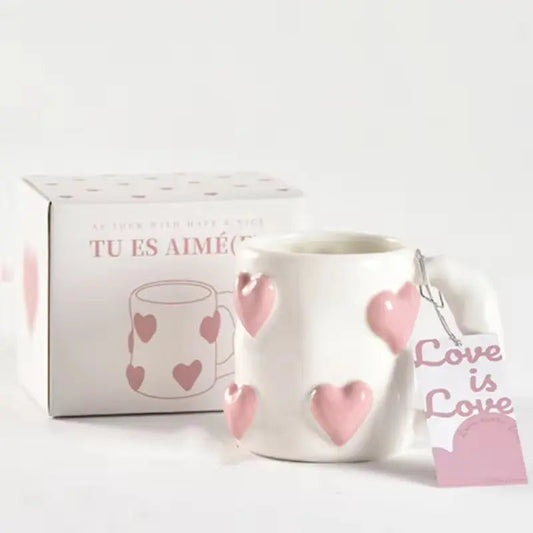 Amour Petit Duo – Artisan Raised-Heart Ceramic Cup & Aesthetic Pink Latte Mug