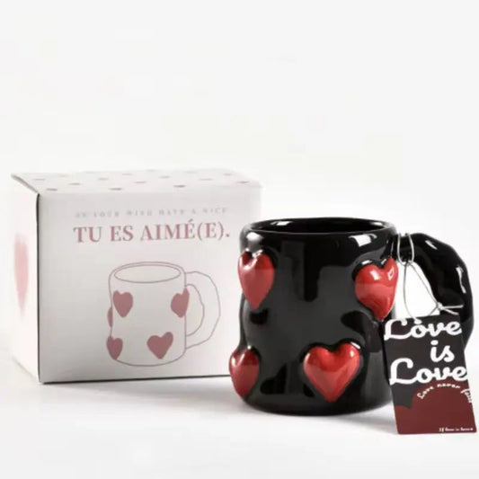 Amour Petit Duo – Artisan Raised-Heart Ceramic Cup & Aesthetic Pink Latte Mug