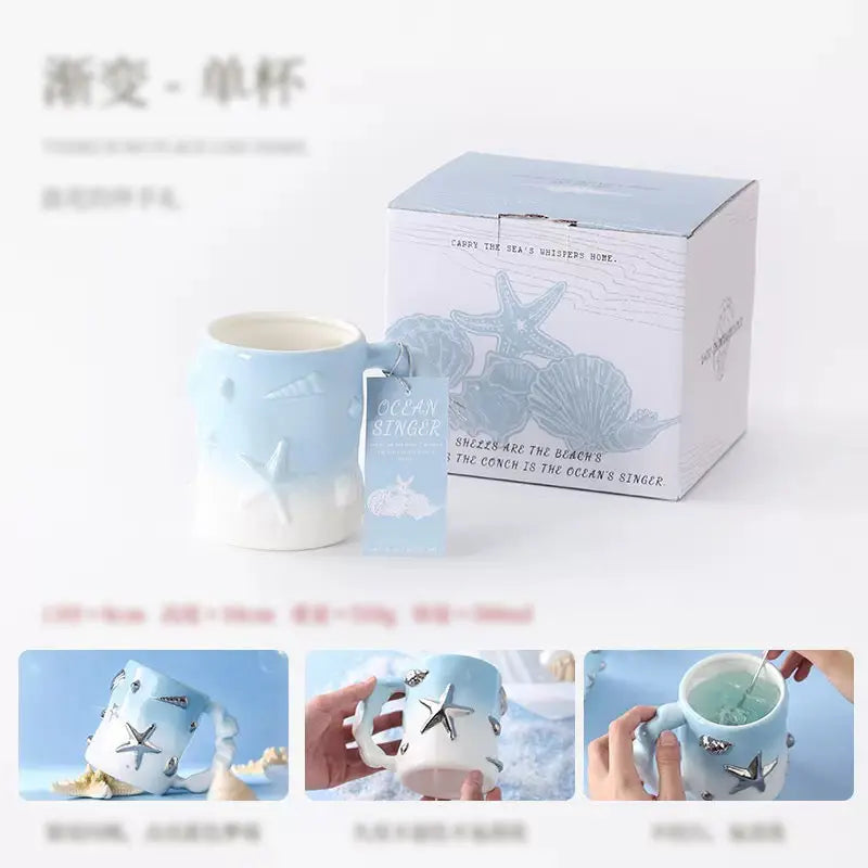 Coastal Sanctuary Mug Set – 3D Starfish & Seashell Sculpted Ceramic Gift Box