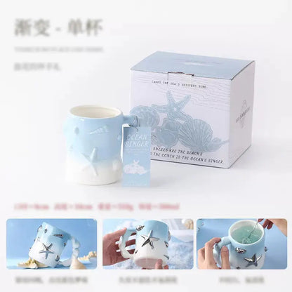 Coastal Sanctuary Mug Set – 3D Starfish & Seashell Sculpted Ceramic Gift Box