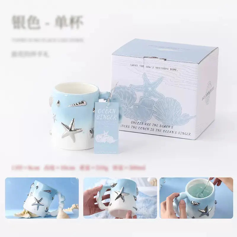 Coastal Sanctuary Mug Set – 3D Starfish & Seashell Sculpted Ceramic Gift Box