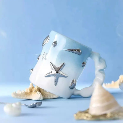 Coastal Sanctuary Mug Set – 3D Starfish & Seashell Sculpted Ceramic Gift Box