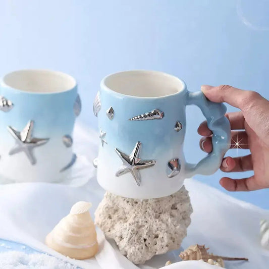 Coastal Sanctuary Mug Set – 3D Starfish & Seashell Sculpted Ceramic Gift Box