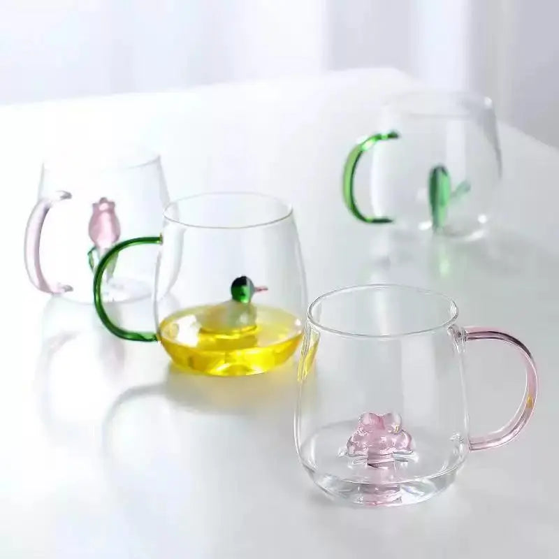 3D Flower Glass Mug - Clear Coffee & Tea Cup with Colored Handle