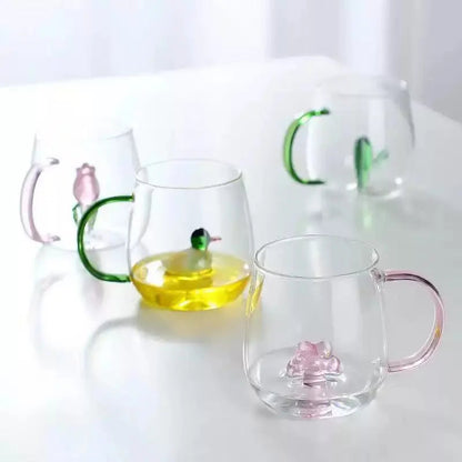 3D Flower Glass Mug - Clear Coffee & Tea Cup with Colored Handle