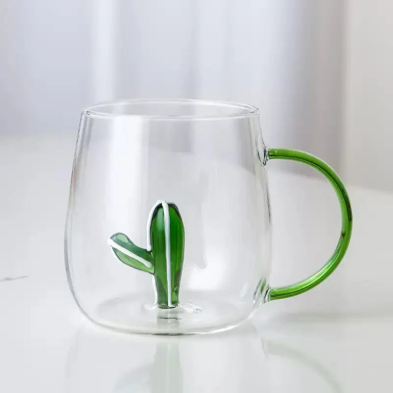 3D Flower Glass Mug - Clear Coffee & Tea Cup with Colored Handle