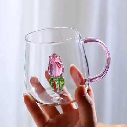 3D Flower Glass Mug - Clear Coffee & Tea Cup with Colored Handle