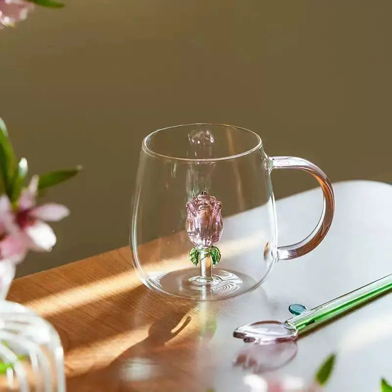 3D Flower Glass Mug - Clear Coffee & Tea Cup with Colored Handle