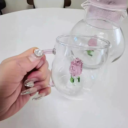 3D Flower Glass Mug - Clear Coffee & Tea Cup with Colored Handle