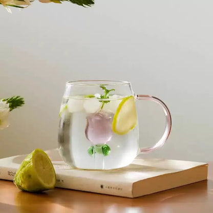 3D Flower Glass Mug - Clear Coffee & Tea Cup with Colored Handle