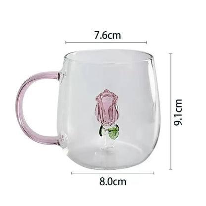 3D Flower Glass Mug - Clear Coffee & Tea Cup with Colored Handle