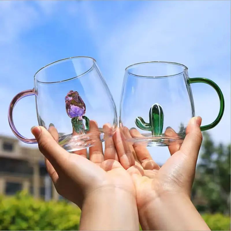 3D Flower Glass Mug - Clear Coffee & Tea Cup with Colored Handle