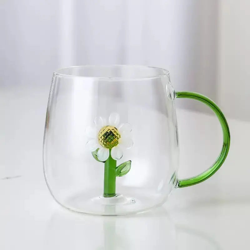 3D Flower Glass Mug - Clear Coffee & Tea Cup with Colored Handle
