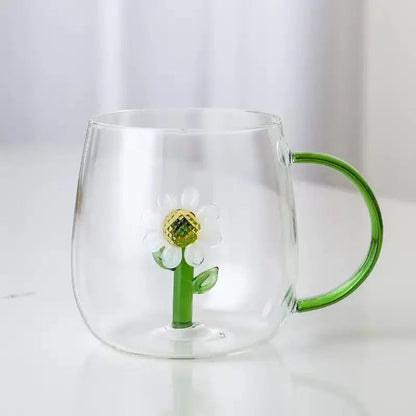 3D Flower Glass Mug - Clear Coffee & Tea Cup with Colored Handle