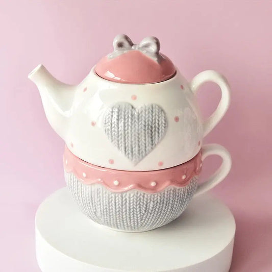 Heart Teapot & Cup Set – Kawaii Ceramic Tea Set with Bow Lid