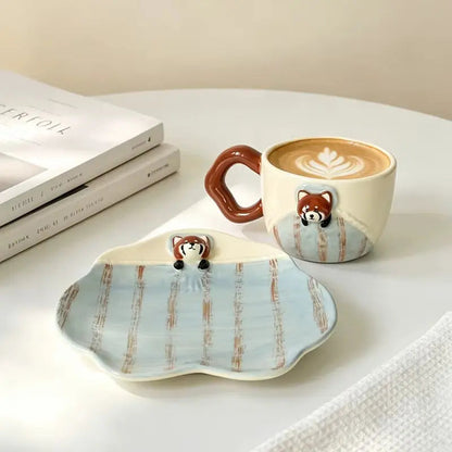 Raccoon Ceramic Coffee Cup with Shaped Saucer