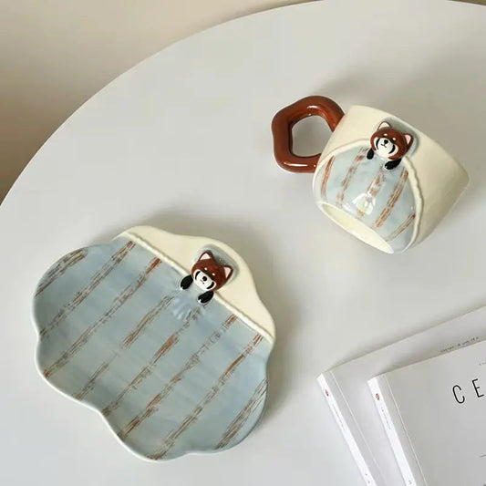 Raccoon Ceramic Coffee Cup with Shaped Saucer