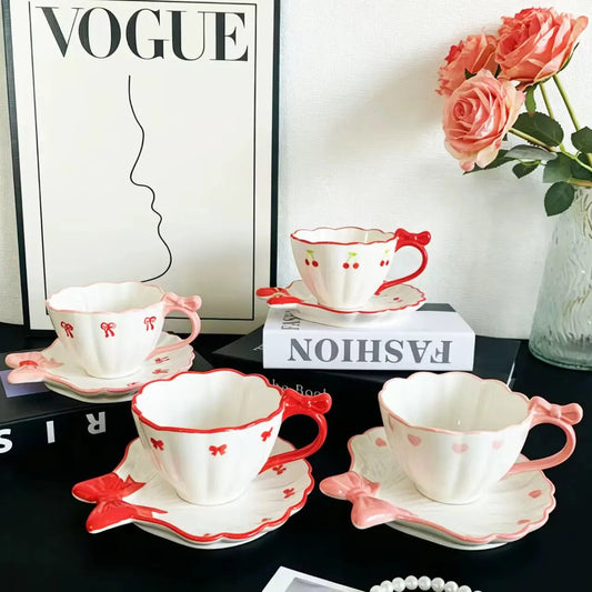 Ribbon & Cherry Ceramic Teacup with Saucer – 260ml