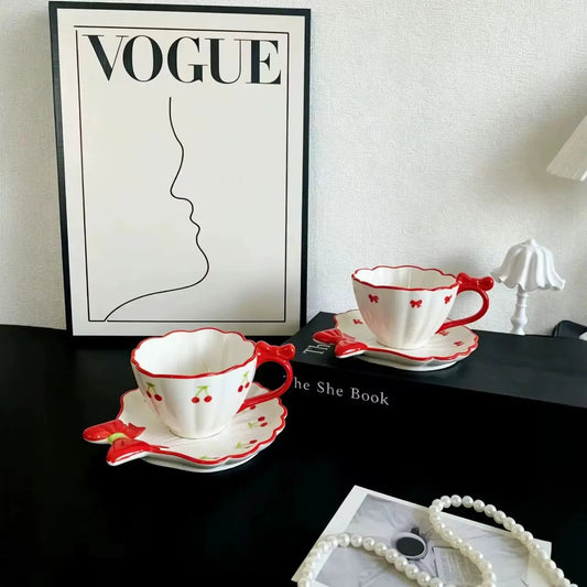 Ribbon & Cherry Ceramic Teacup with Saucer – 260ml
