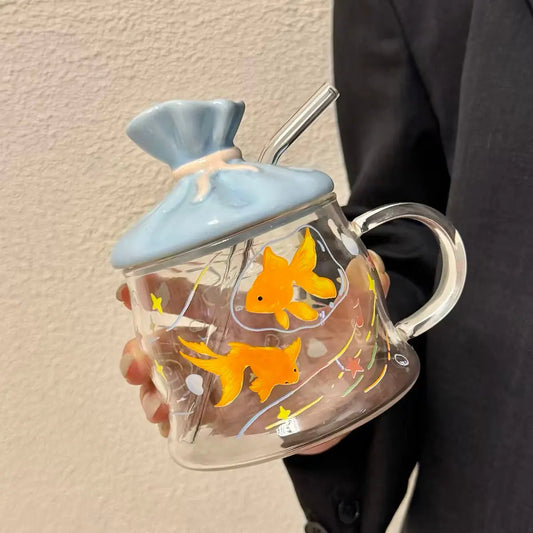Goldfish Print Glass Mug with Lid & Straw