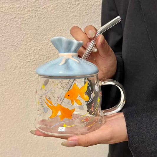 Goldfish Print Glass Mug with Lid & Straw