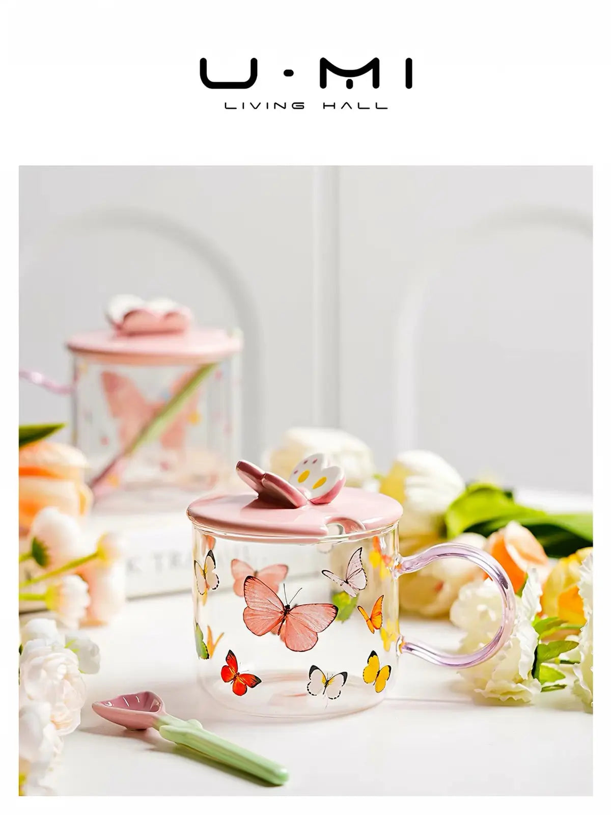 Butterfly Glass Coffee Mug with Lid & Spoon – 520ml
