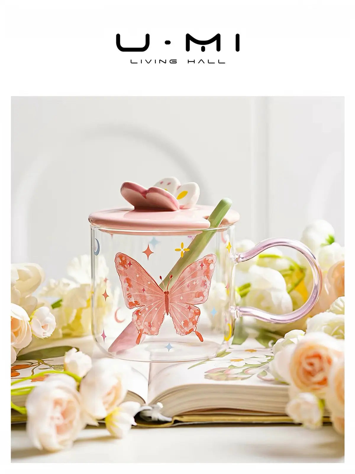 Butterfly Glass Coffee Mug with Lid & Spoon – 520ml