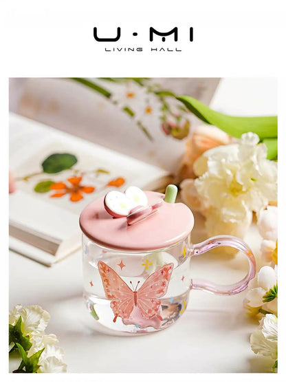 Butterfly Glass Coffee Mug with Lid & Spoon – 520ml