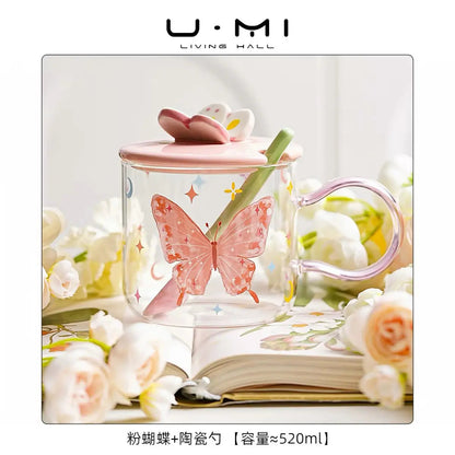 Butterfly Glass Coffee Mug with Lid & Spoon – 520ml