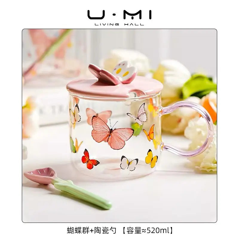 Butterfly Glass Coffee Mug with Lid & Spoon – 520ml