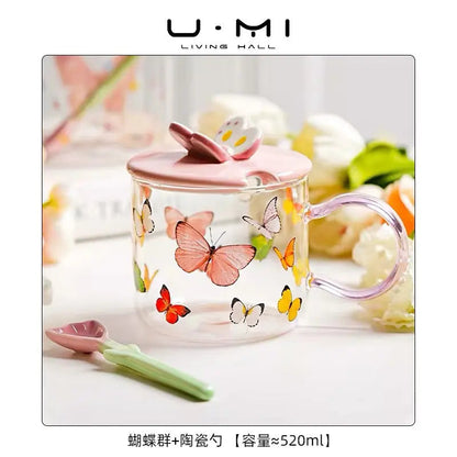 Butterfly Glass Coffee Mug with Lid & Spoon – 520ml