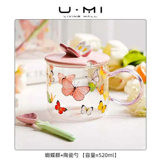 Butterfly Glass Coffee Mug with Lid & Spoon – 520ml