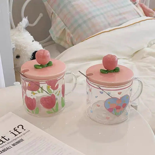 Tulip Print Glass Mug with Peach Lid & Spoon