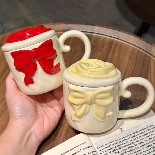 Ceramic Bow Mug with Sculpted Rose Lid