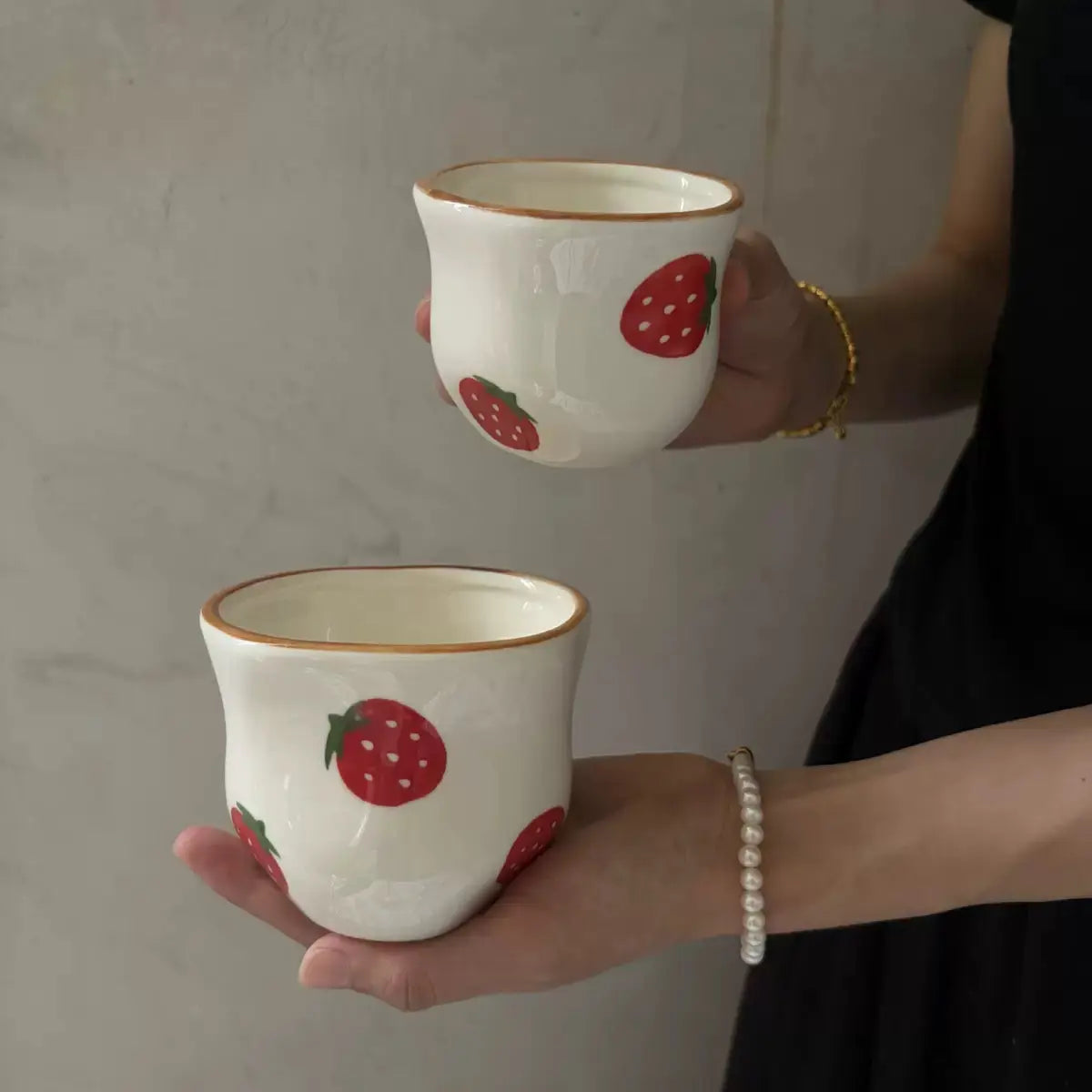 Strawberry Print Ceramic Cup with Brown Rim