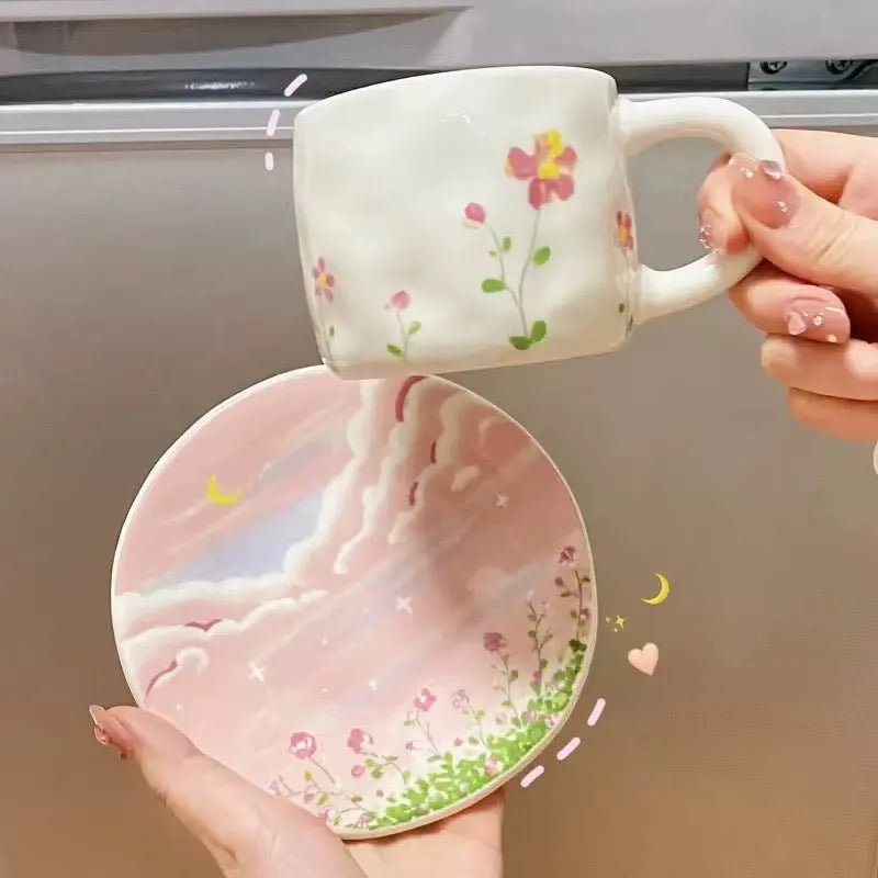 Pink Sky Floral Ceramic Mug & Dessert Plate