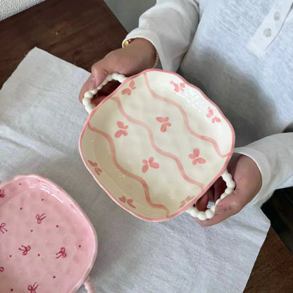 Pink Butterfly Ceramic Serving Bowl with Bead Handles