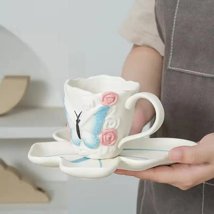 Artisan Flower-Rim Tea Cup & Cloud Saucer Set – Vintage Floral Cottagecore Mug