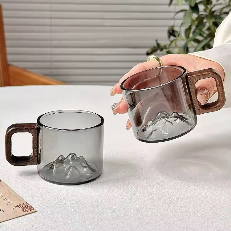 Zenith Mountain Glass Mug – 3D Peak Landscape Cup with Artisan Wood Handle